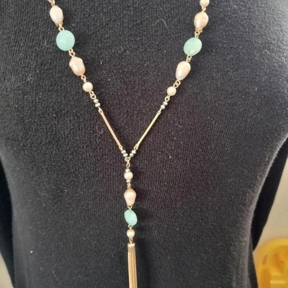 Gold tone Tassel Necklace Blue beads with light Pink champagne pearl - Picture 2 of 8